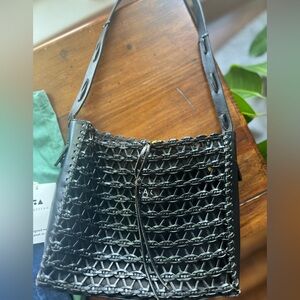The Sak Black Woven Vegan Leather Shoulder Bag Cutout Lattice Slouchy w/Pouch
